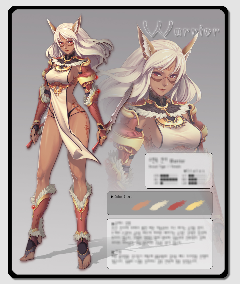 armor, barefoot, black_panties, breasts, censored, dagger, dark_skin, dual_wielding, facial_mark, fake_censor, feet, forehead_mark, large_breasts, lipstick, long_hair, no_bra, original, panties, pointy_ears, red_eyes, sideboob, smile, solo, stats, tattoo, thighs, tiptoes, toeless_socks, toes, underwear, weapon, white_hair, yeruen