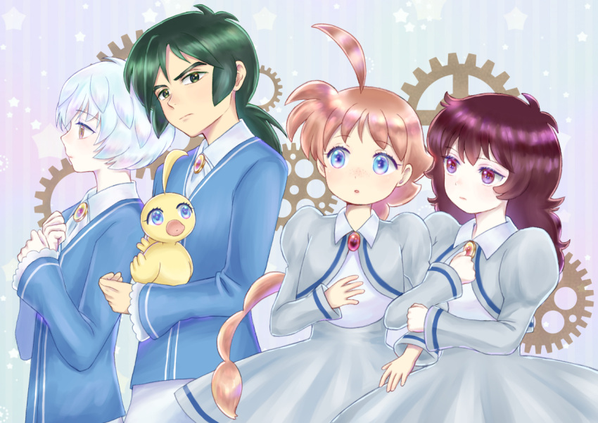 2boys, 2girls, ahiru_(duck), ahoge, black_hair, blue_eyes, blue_shirt, brooch