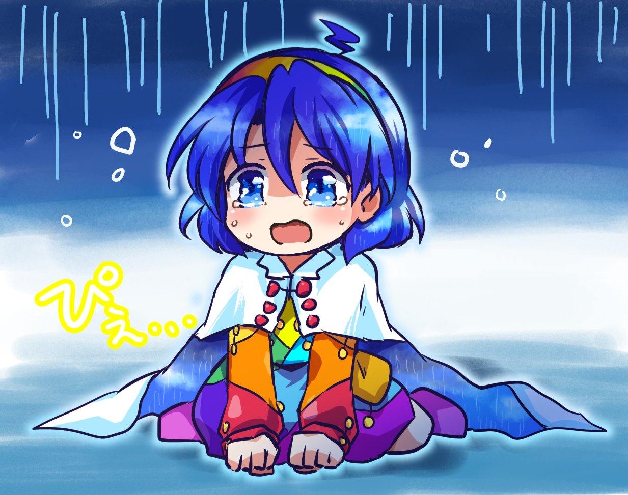 1girl, ahoge, bangs, blue_eyes, blue_hair, cape, cloak, crying, crying_with_eyes_open, dress, eyebrows_visible_through_hair, long_sleeves, multicolored, multicolored_clothes, multicolored_dress, multicolored_hairband, one-hour_drawing_challenge, open_mouth, patchwork_clothes, pote_(ptkan), rain_print, rainbow_gradient, red_button, sad, short_hair, sky_print, tears, tenkyuu_chimata, touhou, two-sided_cape, two-sided_fabric, white_cape, white_cloak