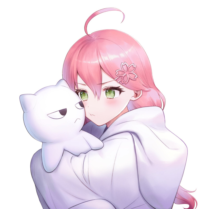 1girl, ahoge, blush, cat, doll, eyebrows_visible_through_hair, green_eyes, hair_ornament