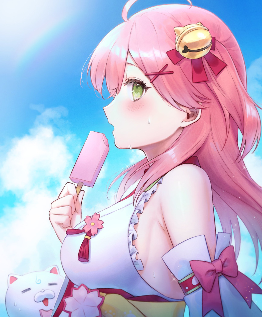 1girl, ahoge, bell, beret, breasts, food, green_eyes, hair_bell