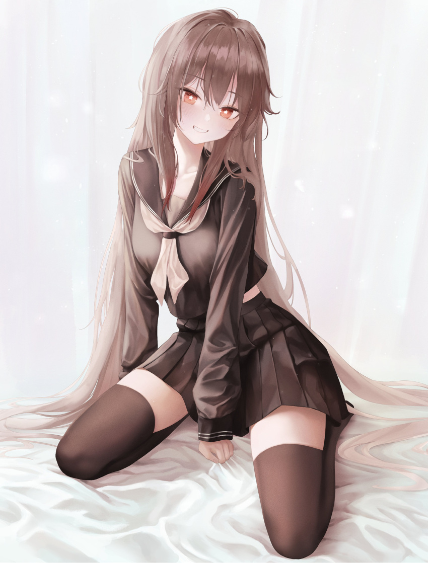 1girl, between_legs, black_legwear, black_serafuku, black_shirt, black_skirt, brown_hair, genshin_impact