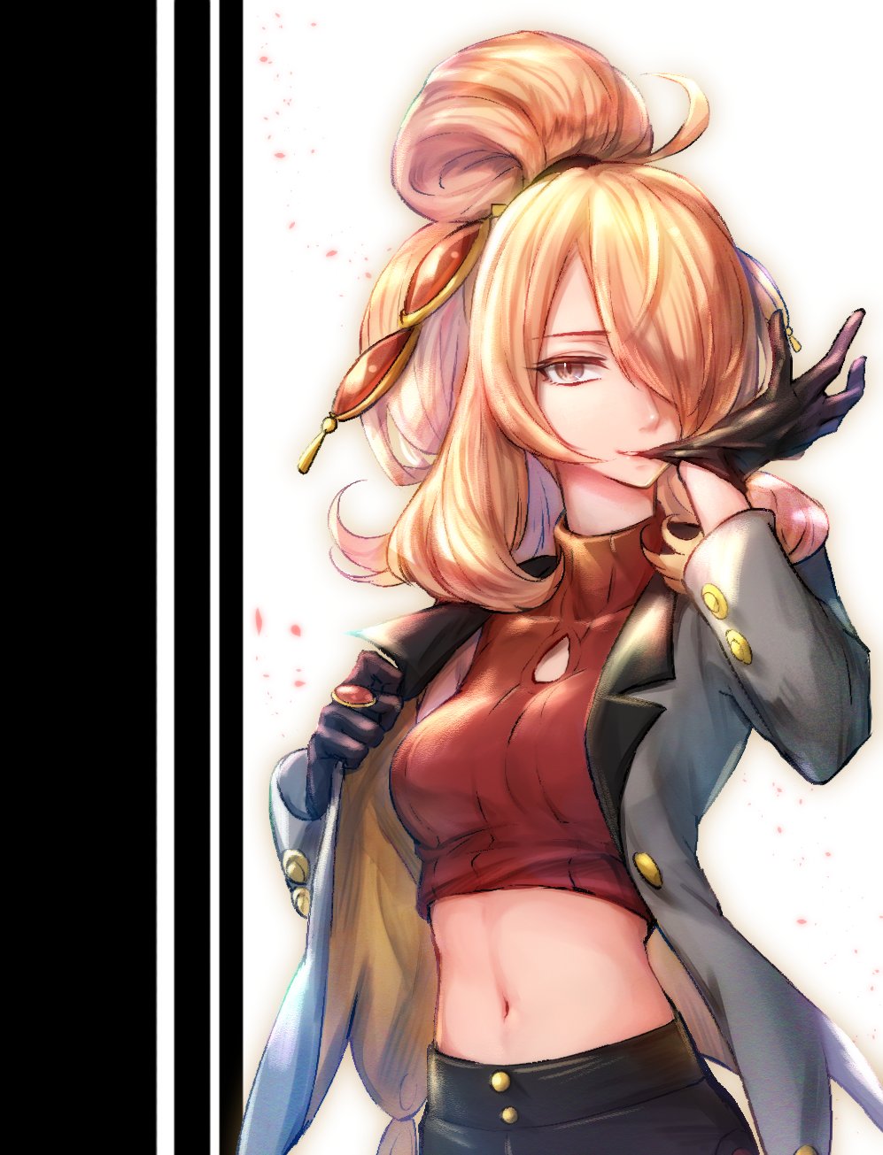 1girl, akihorisu, bangs, black_gloves, black_pants, blonde_hair, breasts, buttons