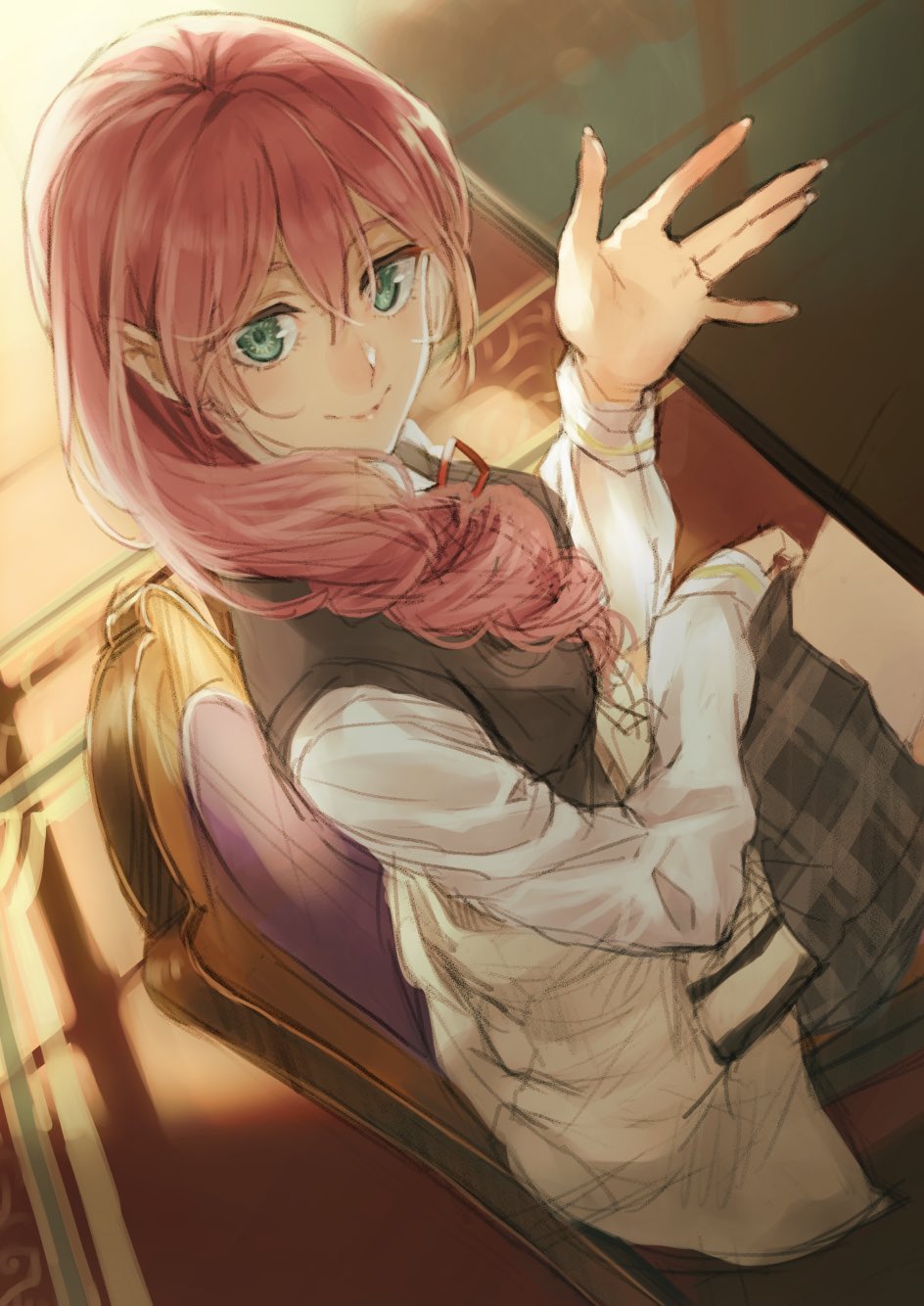 1girl, aqua_eyes, bangs, beige_jacket, breasts, carpet, chair, closed_mouth