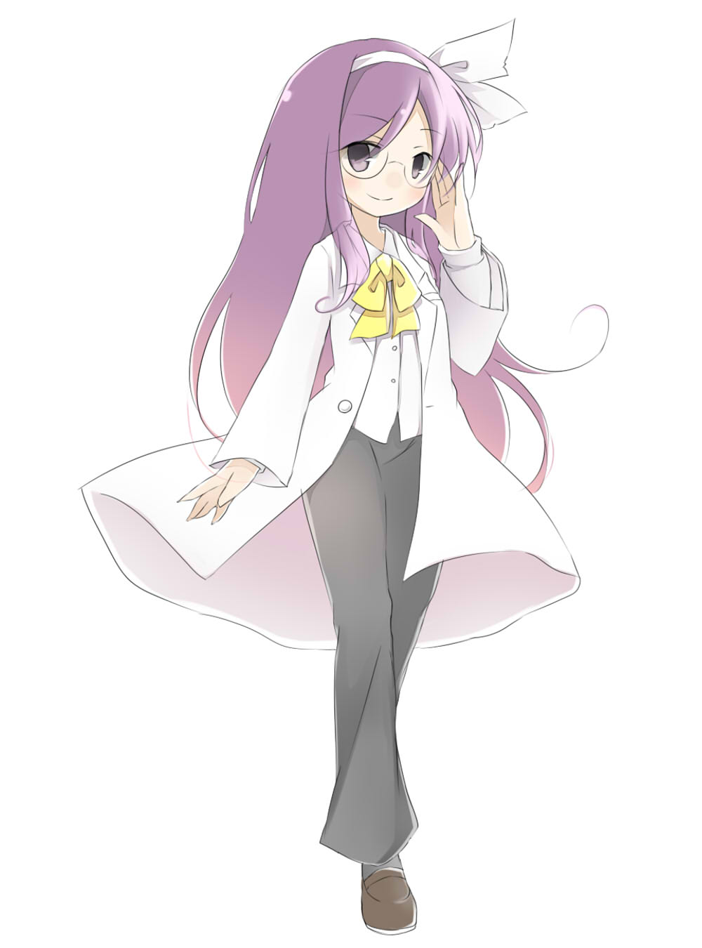 1girl, adjusting_eyewear, artist_request, asakura_rikako, bow, brown_footwear, coat, full_body