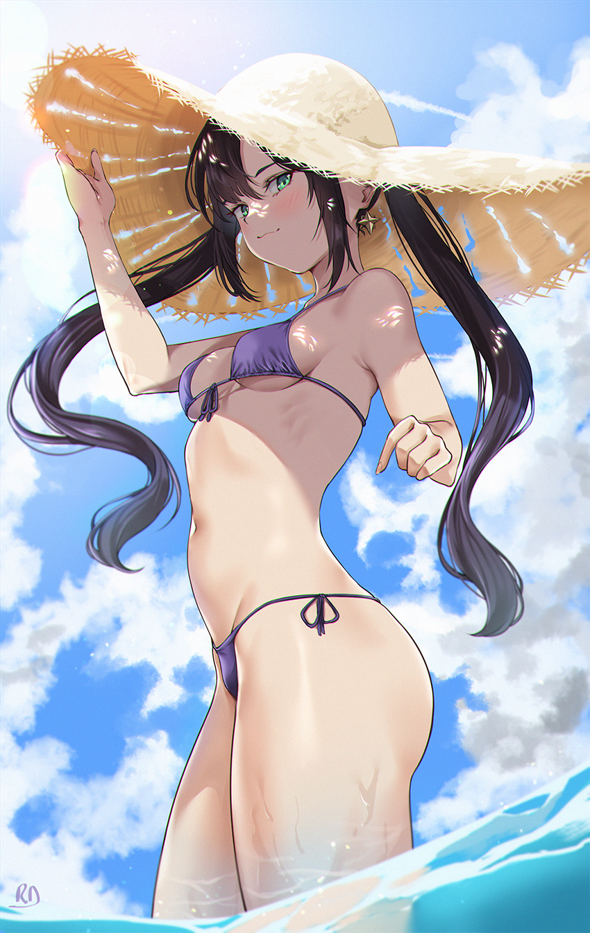 1girl, :3, asymmetrical_bangs, bangs, bare_arms, bare_shoulders, bikini, black_hair