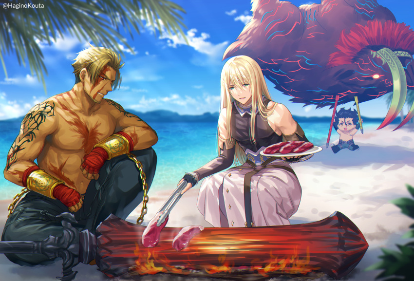 3boys, bangs, bare_shoulders, beach, beowulf_(fate), black_gloves, black_hair, black_pants, black_shirt, blonde_hair, blurry, blurry_background, brown_eyes, chain, chibi, commentary_request, day, depth_of_field, diarmuid_ua_duibhne_(fate/grand_order), eyebrows_visible_through_hair, fate/grand_order, fate_(series), fingerless_gloves, fionn_mac_cumhaill_(fate/grand_order), fire, food, gae_buidhe_(fate), gae_dearg_(fate), gloves, glowing, glowing_eyes, green_eyes, green_pants, hagino_kouta, hair_between_eyes, hand_wraps, highres, holding, holding_plate, holding_polearm, holding_spear, holding_weapon, huge_weapon, long_hair, male_focus, meat, mountain, multiple_boys, outdoors, palm_tree, pants, plate, polearm, red_eyes, running, sand, shirt, shirtless, sleeveless, sleeveless_shirt, spear, tongs, tree, twitter_username, v-shaped_eyebrows, very_long_hair, water, weapon