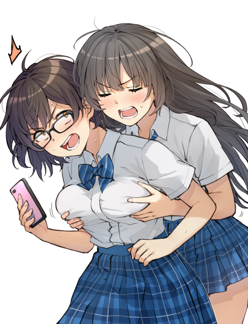 2girls, ^^^, bangs, black-framed_eyewear, black_hair, blue_bow, blue_skirt, blush
