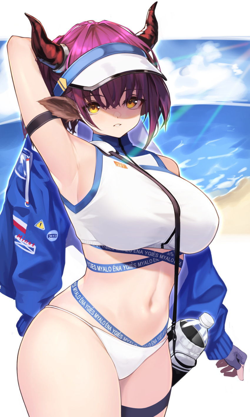 1girl, animal_ears, arknights, arm_behind_head, arm_strap, arm_up, armpits, bangs
