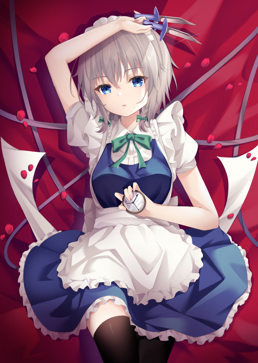 1girl, absurdres, apron, between_fingers, black_legwear, blue_dress, blue_eyes, braid