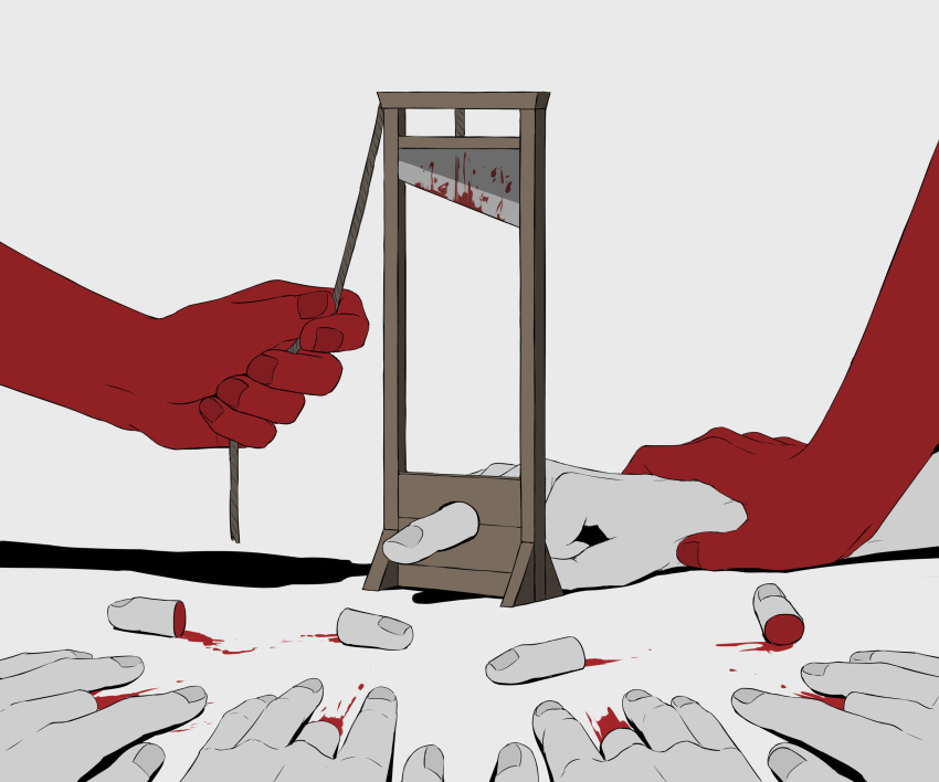 absurdres, avogado6, blood, blood_splatter, commentary_request, cut_finger, fingernails, guillotine