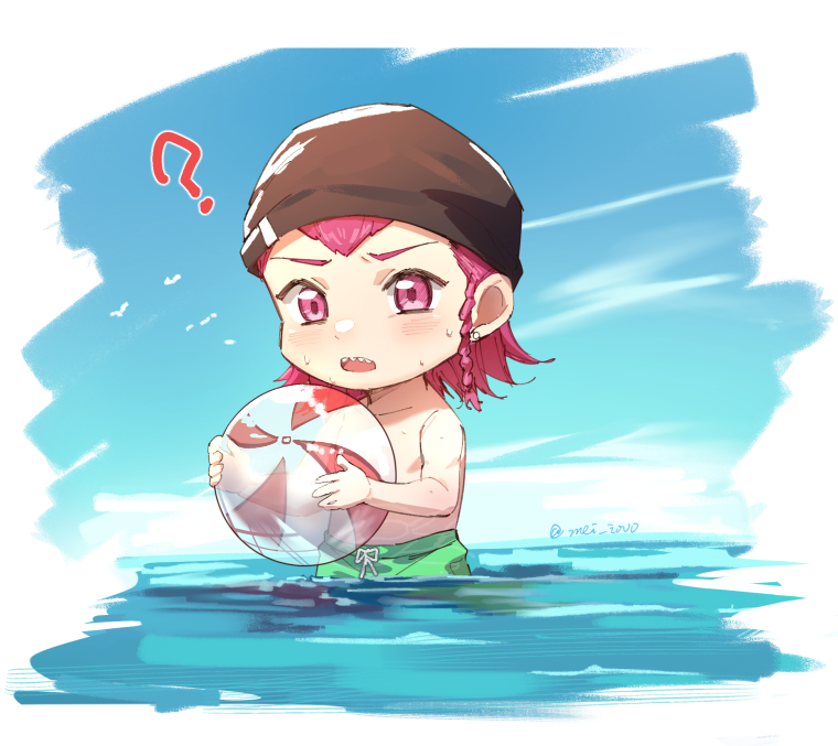 1boy, ?, ball, bangs, black_headwear, blush, braid, child, collarbone, danganronpa_(series), danganronpa_2:_goodbye_despair, earrings, green_male_swimwear, holding, holding_ball, jewelry, looking_at_viewer, male_focus, medium_hair, meipoi, pink_eyes, pink_hair, sharp_teeth, short_hair, side_braid, souda_kazuichi, teeth, twitter_username, upper_teeth, wading, younger