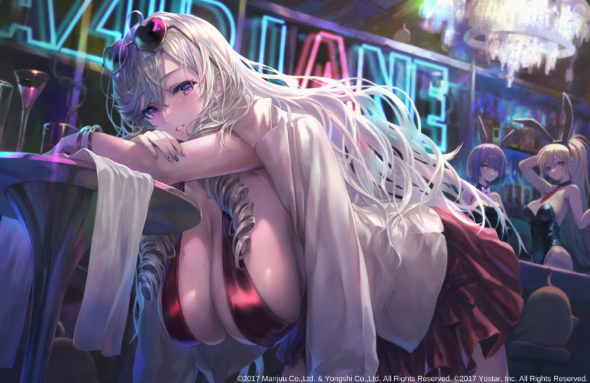 3girls, algerie_(azur_lane), animal_ears, azur_lane, bent_over, bodysuit, breasts, cleavage_cutout, clothing_cutout, clubroom, commentary_request, covered_nipples, crossed_arms, dress, drill_hair, eyewear_on_head, gascogne_(azur_lane), hanging_breasts, huge_breasts, jean_bart_(azur_lane), large_breasts, leaning_forward, leotard, looking_at_viewer, medium_breasts, multiple_girls, official_art, open_clothes, open_shirt, playboy_bunny, purple_hair, rabbit_ears, red_dress, sagging_breasts, seductive_smile, smile, sunglasses, violet_eyes, white_hair, yoshiku_(oden-usagi)