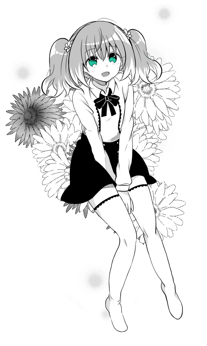 1girl, aqua_eyes, bow, bowtie, casual, flower, from_above, greyscale