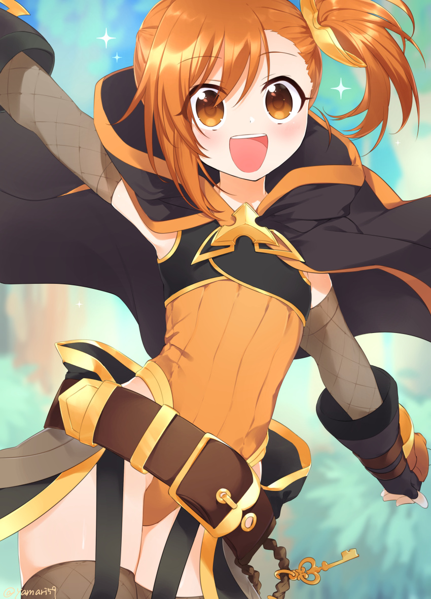 1girl, absurdres, arm_up, belt, black_cloak, black_gloves, black_legwear, brown_eyes, cloak, fingerless_gloves, garter_straps, gloves, highleg, highleg_leotard, highres, leotard, mari_(rodoney-kiara), misogi_(princess_connect!), open_mouth, orange_hair, orange_leotard, princess_connect!, short_hair, side_ponytail, smile, solo, thigh-highs, thighs, waving, wind, wind_lift
