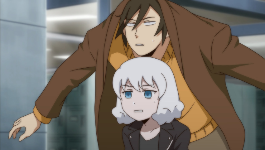 1boy, 1girl, black_hair, black_jacket, blue_eyes, brown_coat, coat, hair_between_eyes