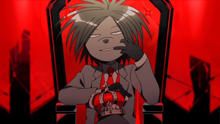 1boy, barbed_wire, black_gloves, blurry, blurry_background, crown, crown_removed, formal, furry, gloves, holding_crown, id_kaeta, king_(vocaloid), long_sleeves, looking_at_viewer, necktie, odd_taxi, red_neckwear, sitting, solo, suit, throne, yano_(odd_taxi)
