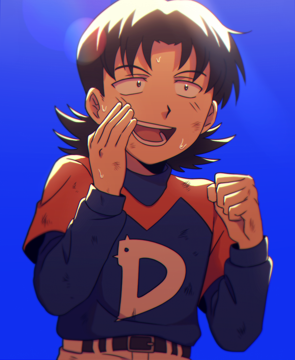 1boy, :d, baseball_jersey, belt, blue_background, brown_hair, clenched_hand, dirty