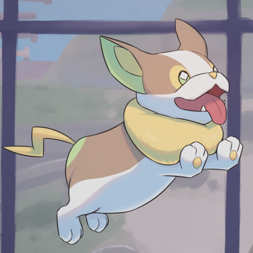 commentary_request, fangs, full_body, green_eyes, highres, looking_up, no_humans, open_mouth