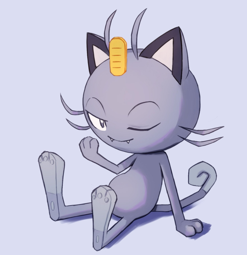 alolan_form, alolan_meowth, arm_support, closed_mouth, commentary_request, fangs, fangs_out, full_body