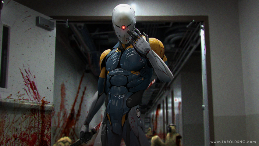 3boys, absurdres, blood, blood_splatter, blurry, blurry_background, bodysuit, corpse
