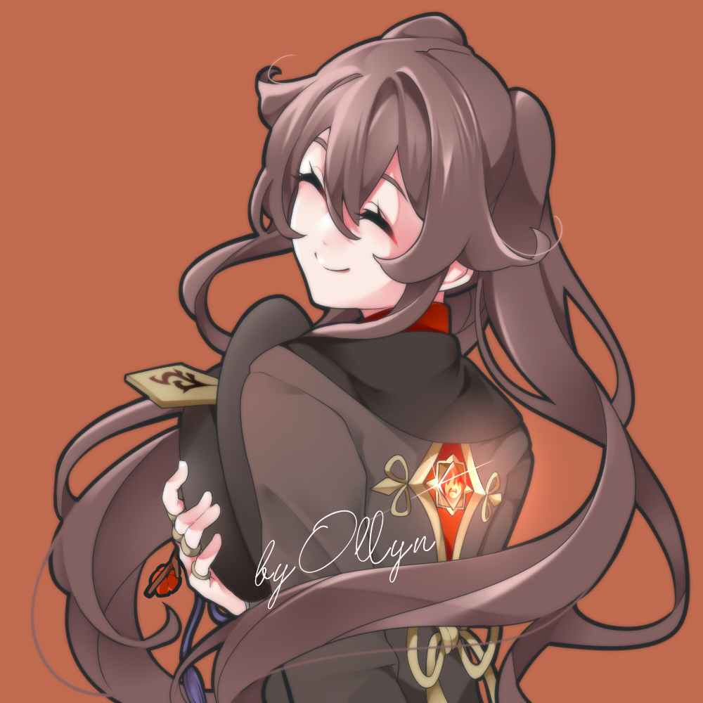 1girl, ^_^, bangs, brown_background, brown_hair, chinese_clothes, closed_eyes, commentary