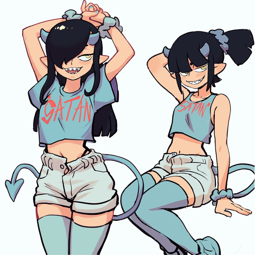 1girl, arm_support, arm_up, arms_behind_head, arms_up, black_hair, blue_legwear, blue_nails