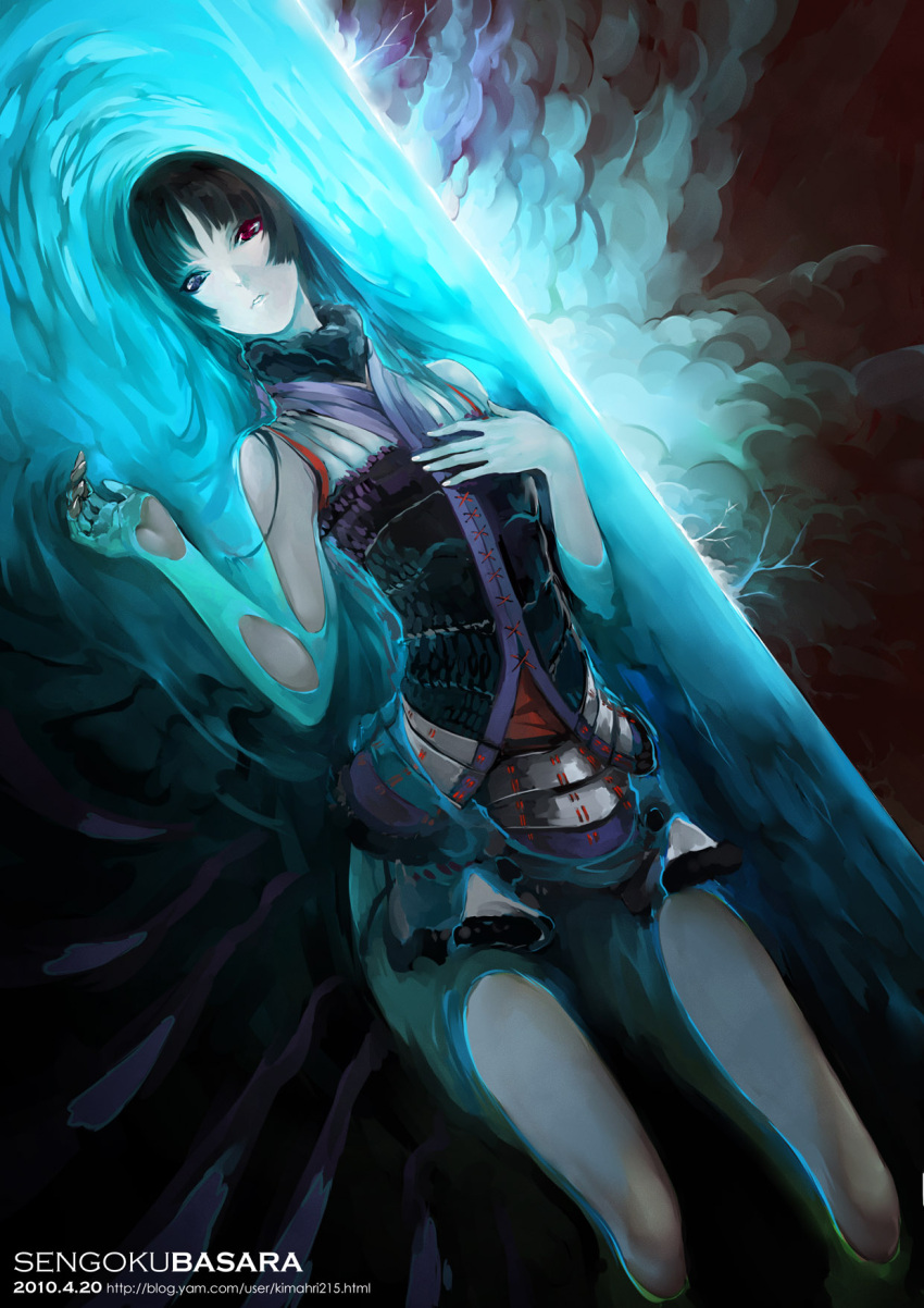 bare_shoulders, black_hair, blue_eyes, dutch_angle, floating, heterochromia, highres, hime_cut, japanese_clothes, kimahri215, long_hair, lying, oichi, red_eyes, sengoku_basara, solo, water