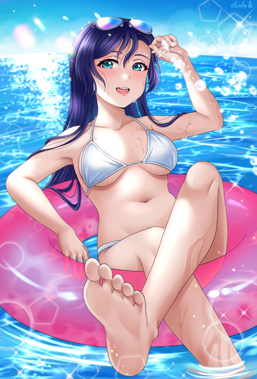 1girl, absurdres, alternate_hairstyle, aqua_eyes, bangs, barefoot, bikini, collarbone, floating, goggles, goggles_on_head, hair_down, highres, innertube, lili_messaina, long_hair, love_live!, love_live!_school_idol_project, navel, open_mouth, parted_bangs, purple_hair, solo, swept_bangs, swimsuit, toujou_nozomi, water, white_bikini