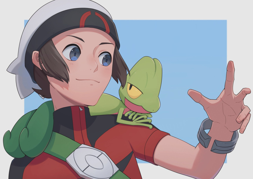 1boy, beanie, blue_eyes, blush, bracelet, brendan_(pokemon), brown_hair, closed_mouth, commentary_request, hand_up, hat, highres, jacket, jewelry, male_focus, on_shoulder, pokemon, pokemon_(creature), pokemon_(game), pokemon_on_shoulder, pokemon_oras, red_jacket, ruinai, short_hair, short_sleeves, smile, strap, treecko, upper_body, white_headwear