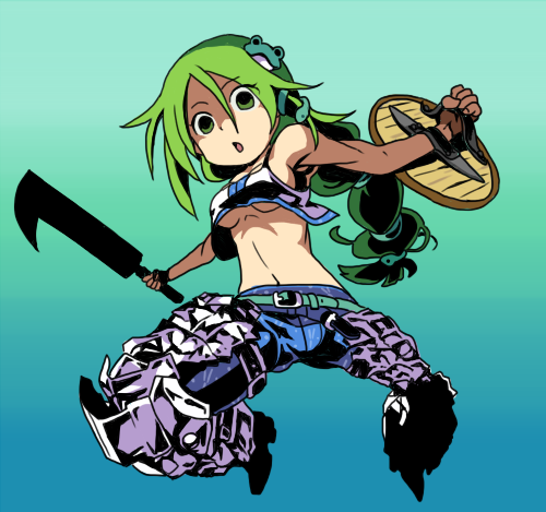 alternate_costume, aoi_tobira, aqua_background, cleaver, green_hair, kochiya_sanae, lowres, parody