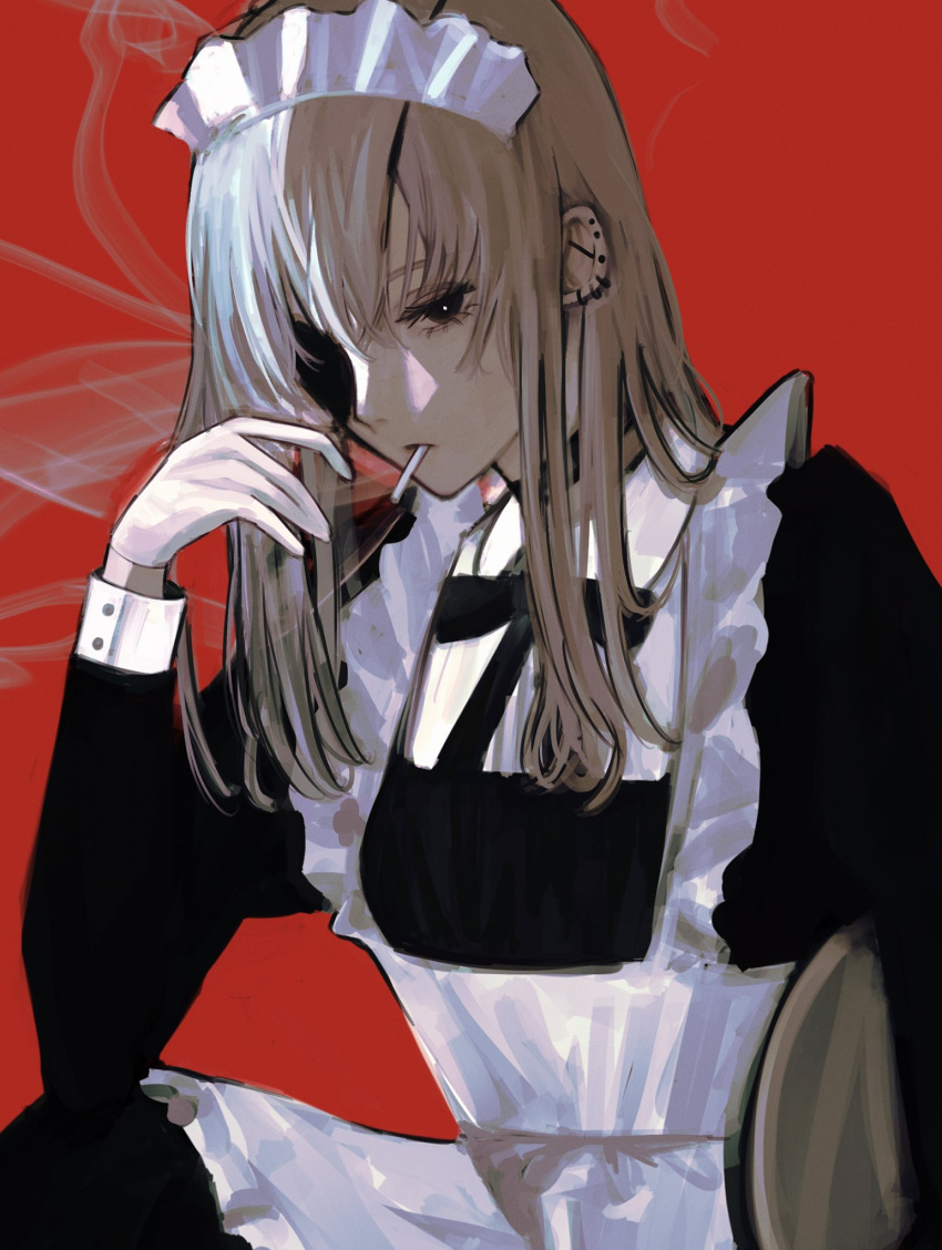 1girl, black_bow, black_choker, black_eyepatch, black_eyes, bow, brown_hair, chainsaw_man, choker, cigarette, ear_piercing, earrings, eyepatch, gloves, highres, jewelry, long_hair, maid, maid_headdress, mouth_hold, noroma02, piercing, plate, quanxi_(chainsaw_man), red_background, simple_background, smoke, smoking, solo, tray, white_gloves