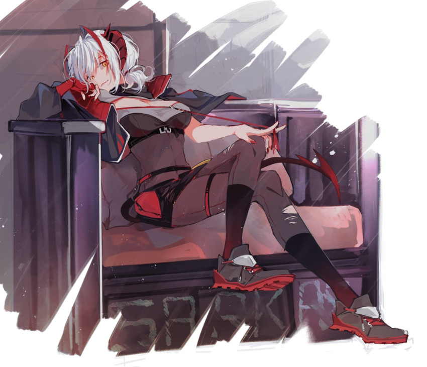 1girl, adapted_costume, ahoge, alternate_costume, alternate_hairstyle, antenna_hair, arknights, black_footwear, black_jacket, black_legwear, black_scarf, black_skirt, bodystocking, breasts, center_opening, commentary, crossed_legs, demon_horns, demon_tail, erhuo, full_body, hair_between_eyes, horns, jacket, leaning_back, looking_at_viewer, medium_breasts, miniskirt, multicolored_hair, nail_polish, open_clothes, open_jacket, orange_eyes, parted_lips, pencil_skirt, red_nails, redhead, scarf, shoes, short_hair, silver_hair, sitting, skirt, smirk, sneakers, socks, socks_over_pantyhose, solo, strap, streaked_hair, tail, tied_hair, torn_clothes, torn_legwear, two-tone_hair, w_(arknights)