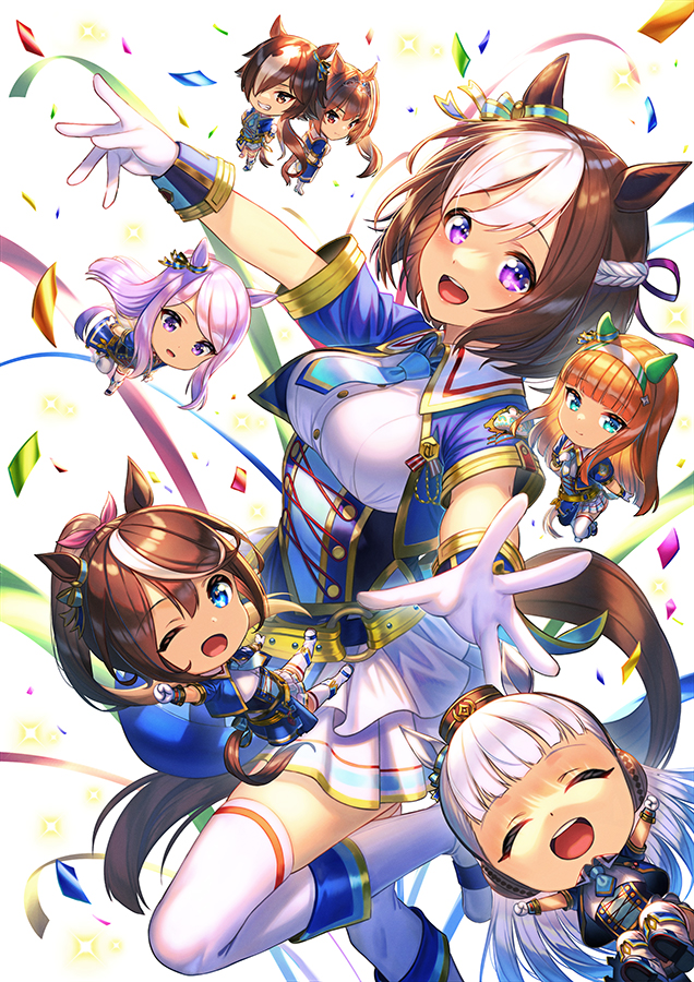 6+girls, animal_ears, blue_eyes, blue_neckwear, blush, boots, braid, brown_eyes