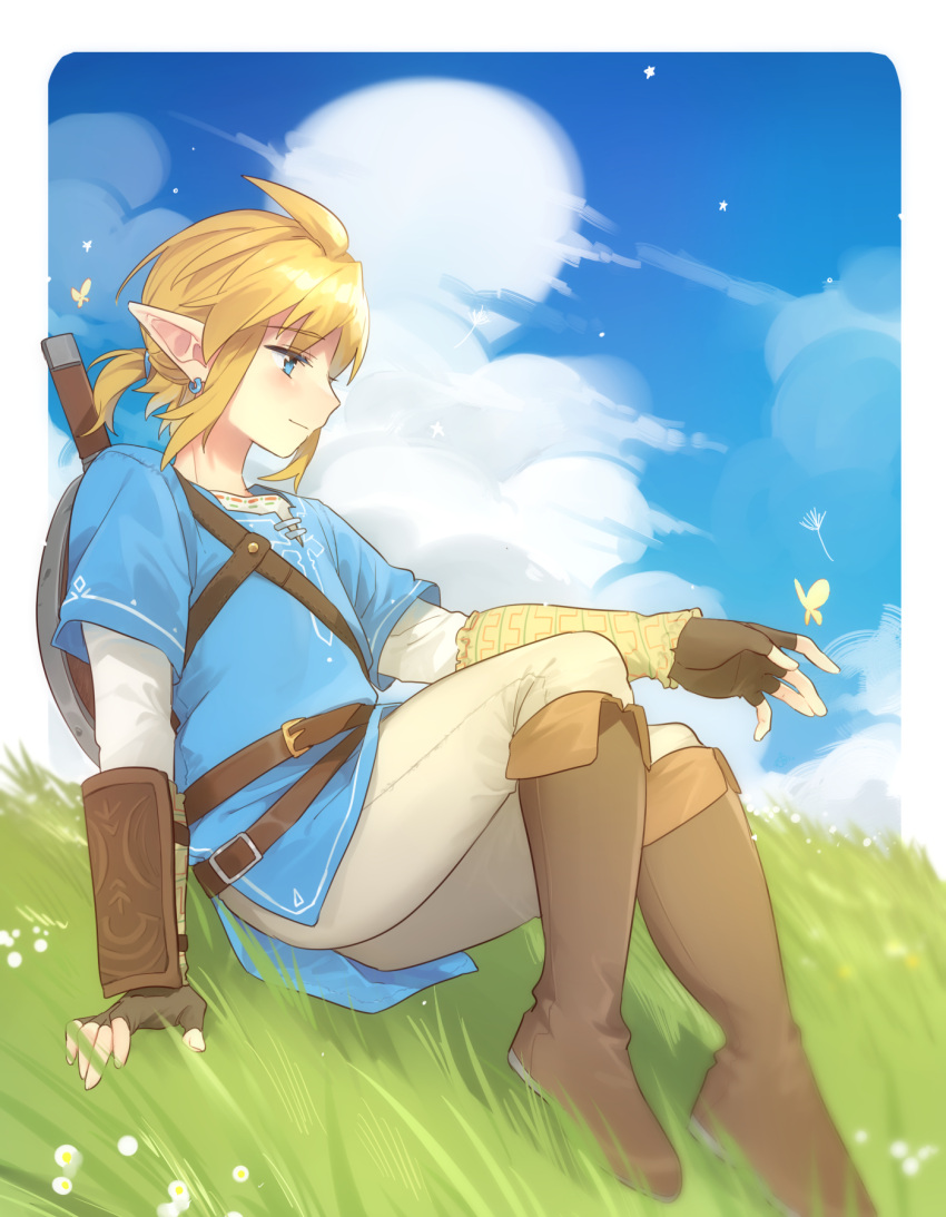 1boy, bangs, blonde_hair, blue_eyes, boots, border, brown_footwear, brown_gloves