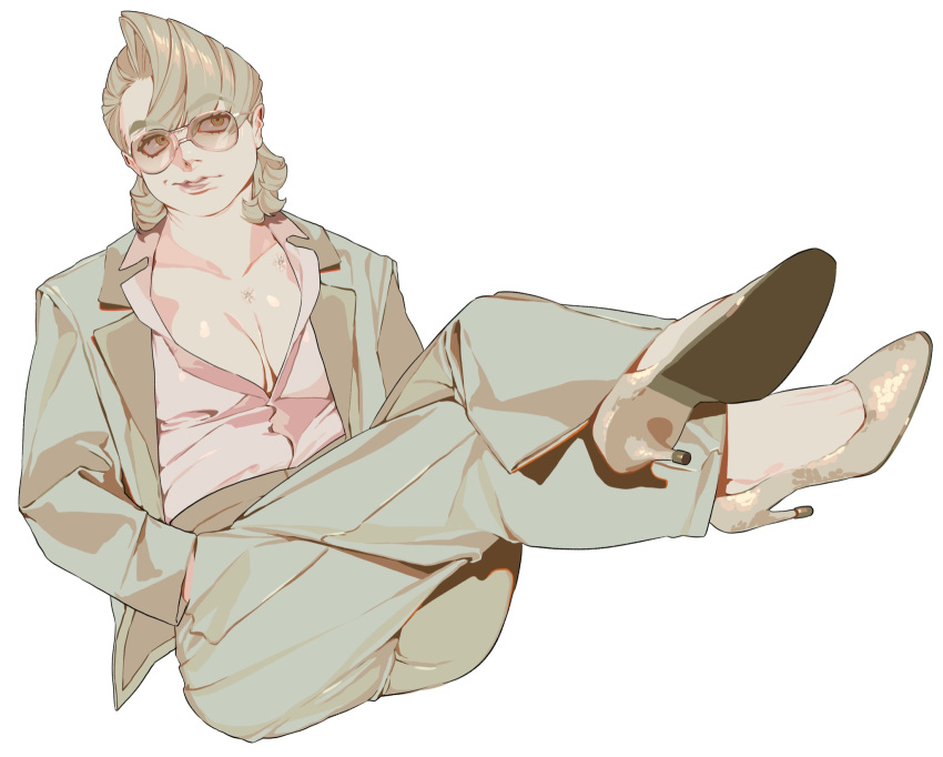 bangs, blonde_hair, breasts, coat, crossed_legs, genderswap, genderswap_(mtf), glasses