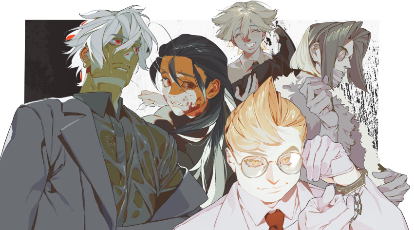 1girl, blonde_hair, blood, captain_(hellsing), doctor_(hellsing), eyebrows_visible_through_hair, glasses, gloves