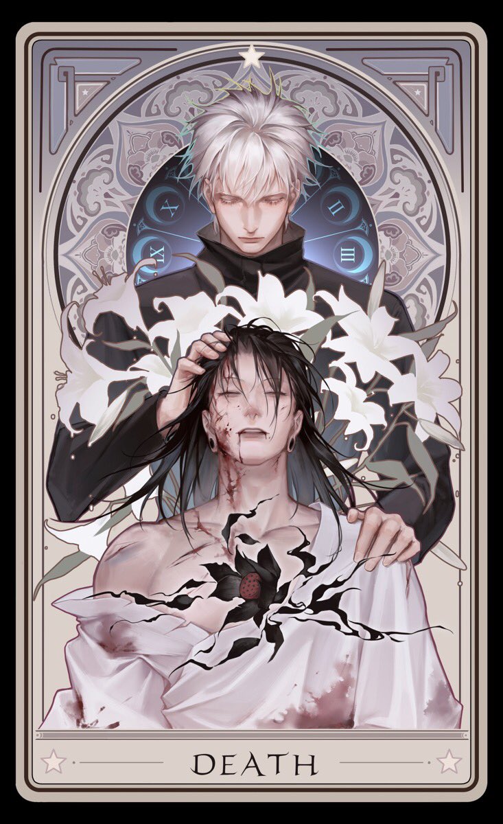 2boys, bangs, black_flower, black_hair, black_jacket, blood, blood_from_mouth, blood_on_clothes