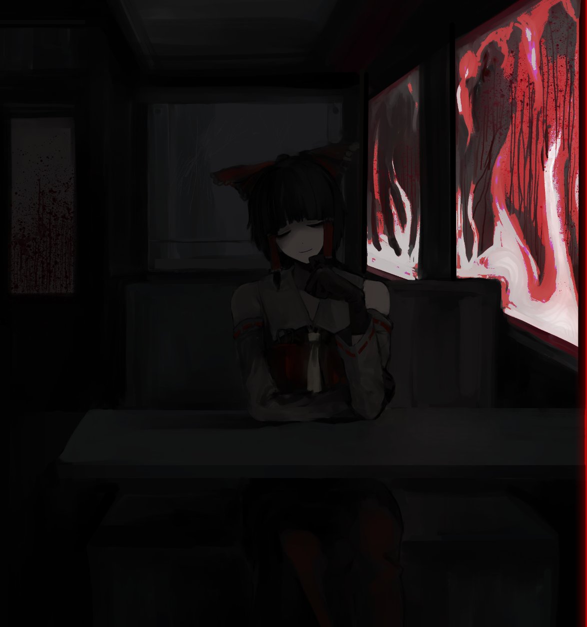 1girl, 833_(cookie), bangs, black_gloves, black_hair, blood, blood_splatter, booth_seating