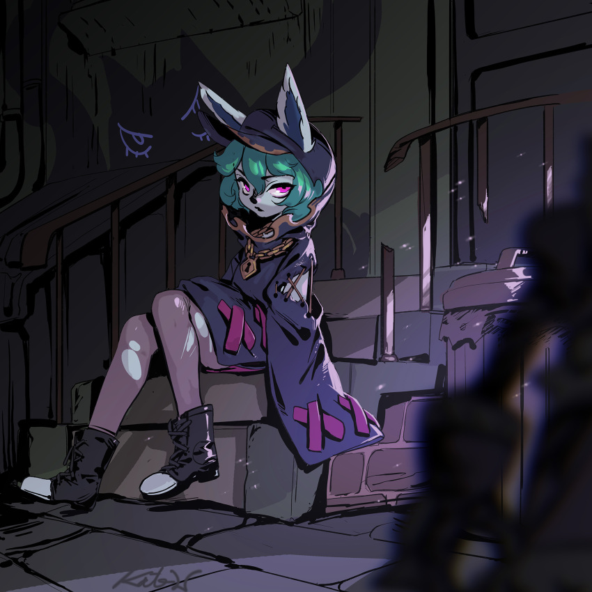 1girl, animal_ears, boots, chain, green_hair, highres, hood, hoshinokaoru