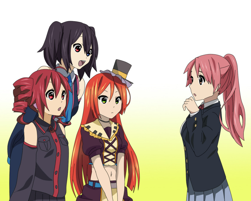 :d, black_hair, blue_eyes, brown_eyes, crossover, drill_hair, green_eyes, hat, heterochromia, k-on!, kasane_teto, long_hair, midriff, mini_top_hat, miura_akane, namine_ritsu, navel, necktie, open_mouth, parody, pink_hair, ponytail, red_eyes, red_hair, saito_katuo, school_uniform, smile, top_hat, trap, utau, vippaloid, yokune_ruko