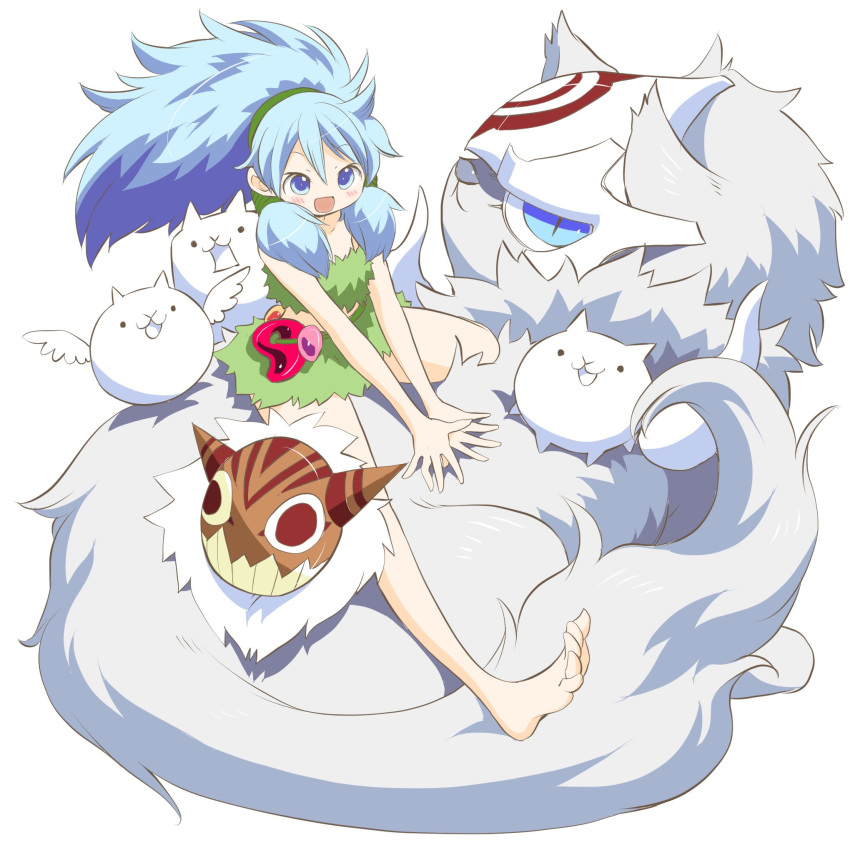 1girl, blue_eyes, blue_hair, cat_(nyanko_daisensou), highres, loincloth, magatama, mask