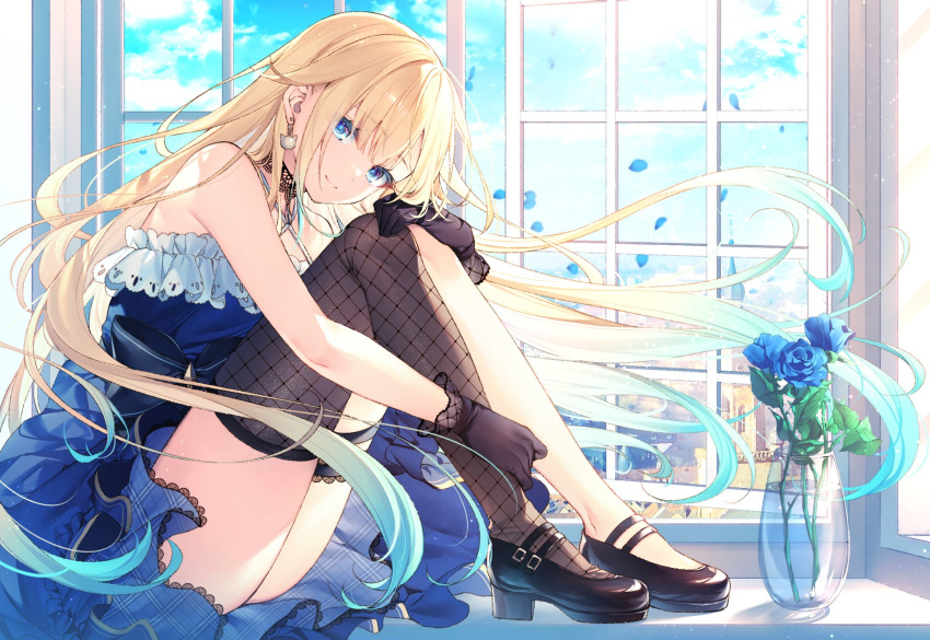 1girl, aizawa_ema, bangs, bare_shoulders, black_footwear, black_gloves, black_legwear, blonde_hair