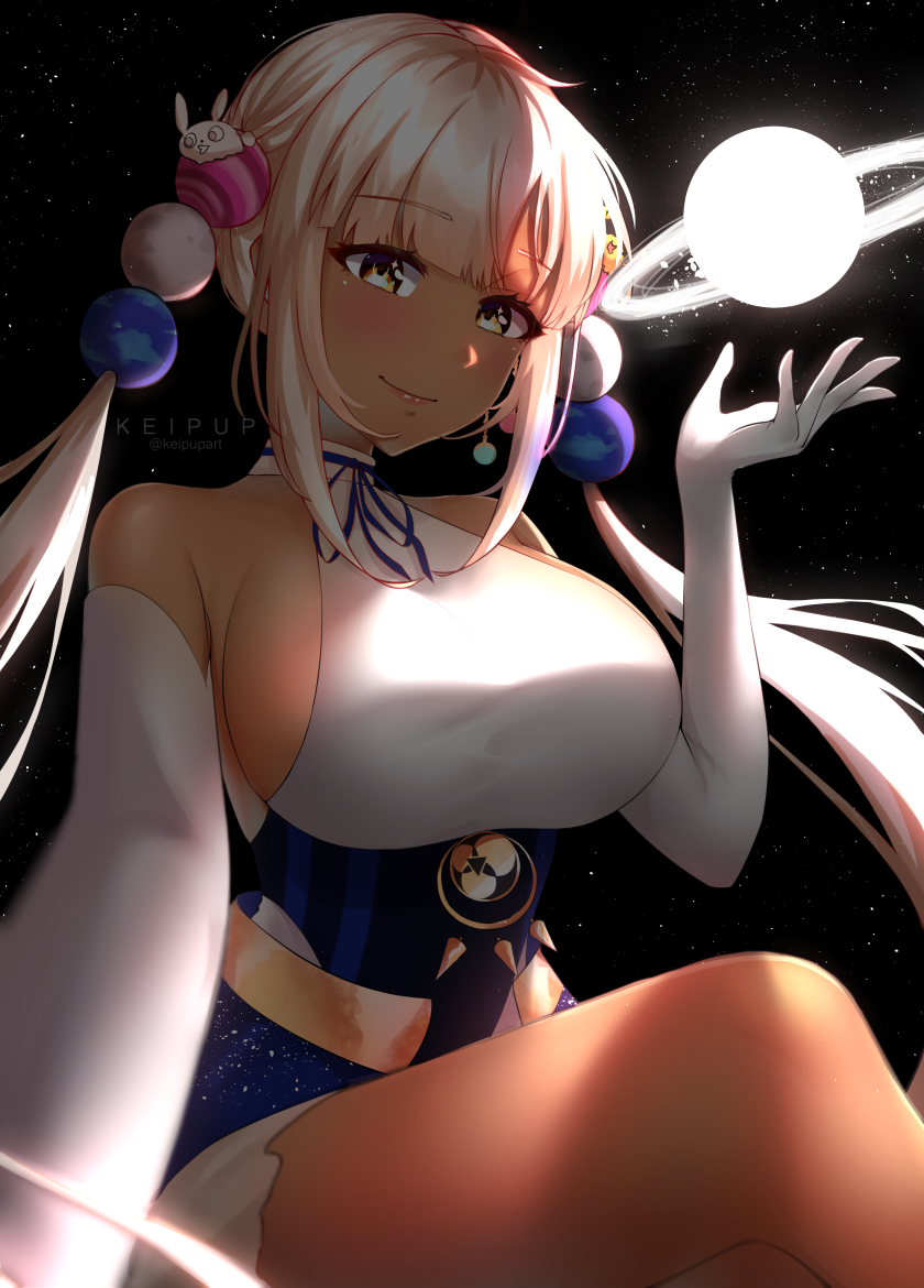 1girl, artist_name, breasts, dark-skinned_female, dark_skin, elbow_gloves, gloves, hololive