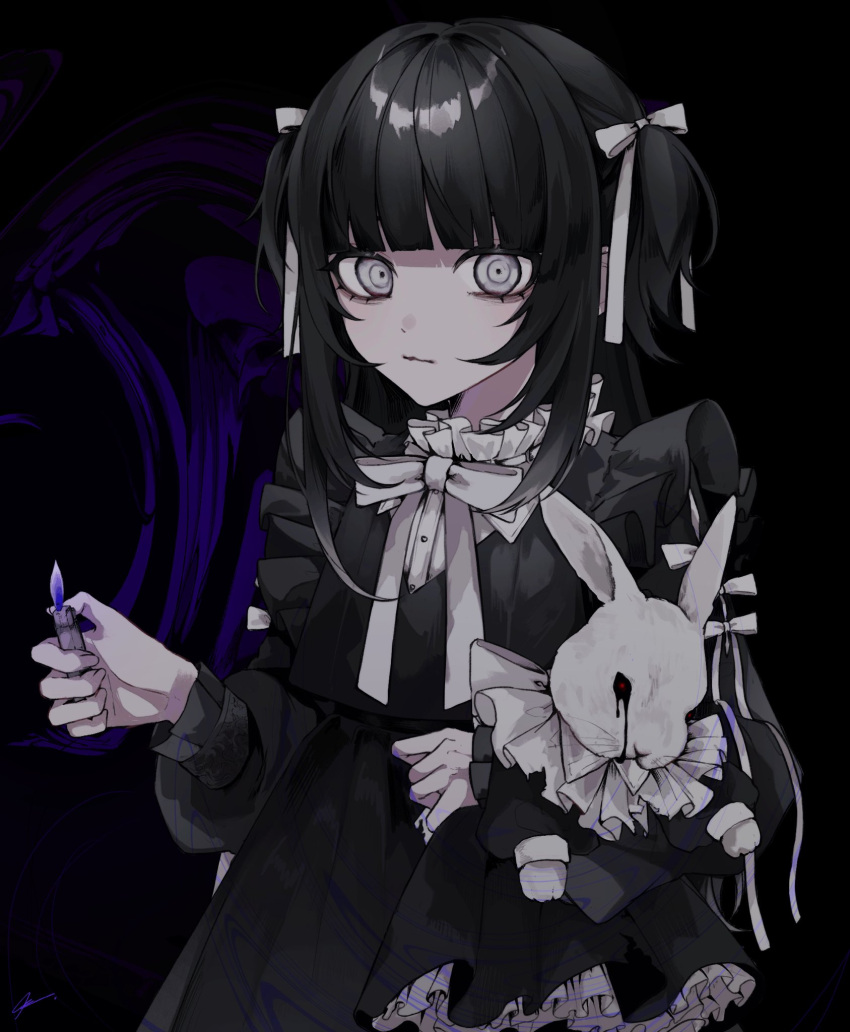 1girl, 402_(o0_xxx), black_dress, black_hair, black_tears, black_theme, bow, bowtie, colored_tears, crying, dress, fire, flame, frilled_dress, frills, gothic, hair_bow, highres, holding, holding_lighter, holding_stuffed_toy, lighter, long_hair, long_sleeves, looking_at_viewer, original, puffy_long_sleeves, puffy_sleeves, rabbit, stuffed_animal, stuffed_bunny, stuffed_toy, two_side_up, very_long_hair, white_bow, white_eyes