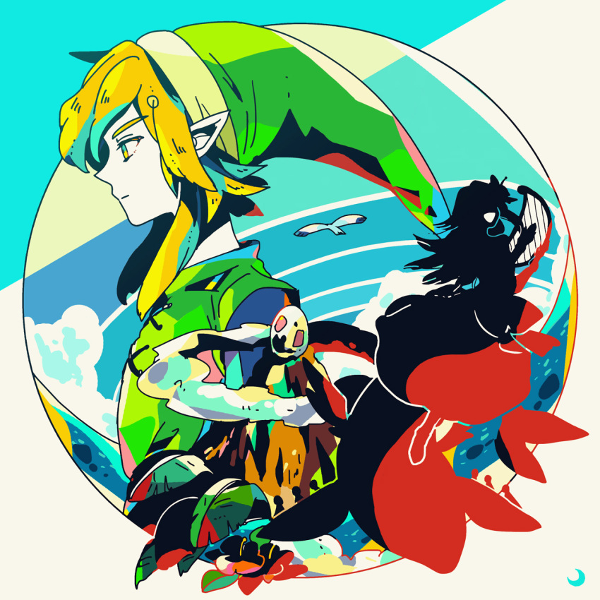 1boy, 1girl, bird, blonde_hair, clouds, green_headwear, highres, link