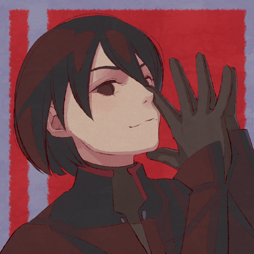 1girl, androgynous, bangs, black_eyes, black_gloves, black_hair, black_jacket, black_undershirt
