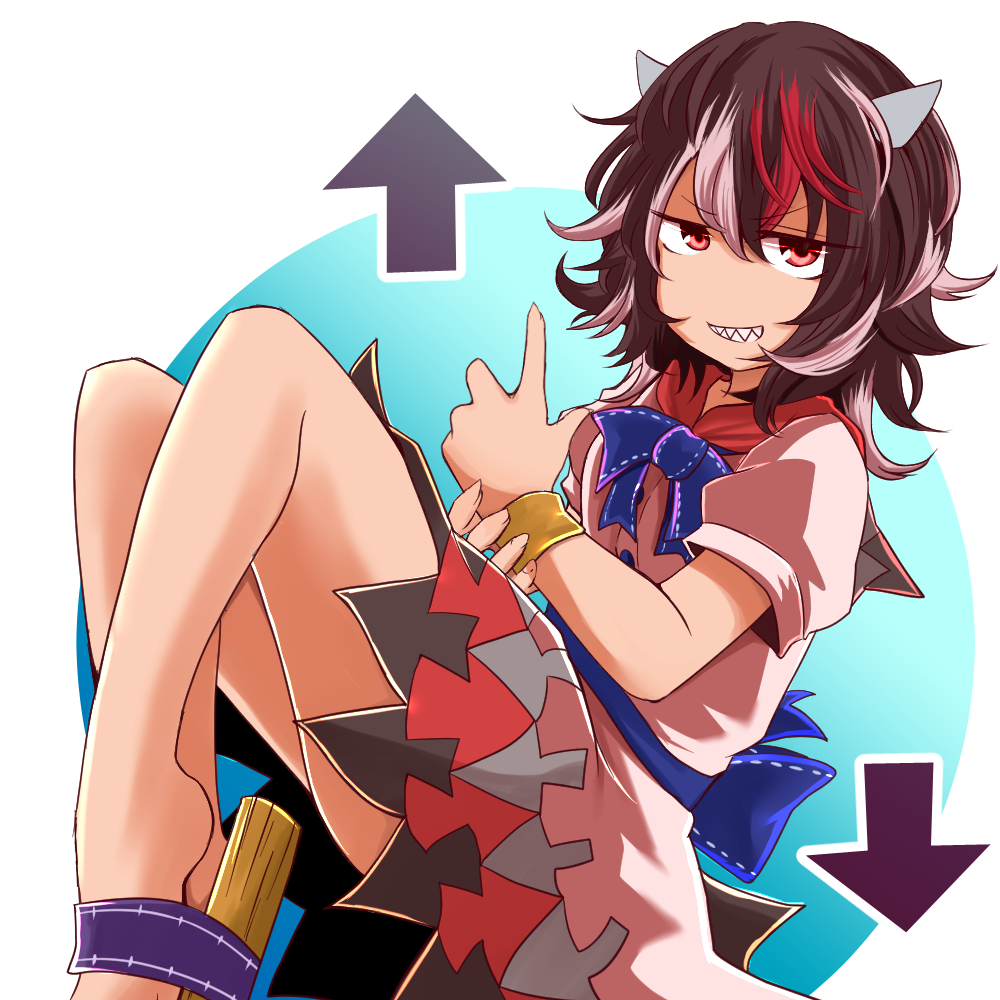 1girl, arrow_(symbol), arrow_print, bangs, black_hair, blue_background, blue_bow, blue_neckwear