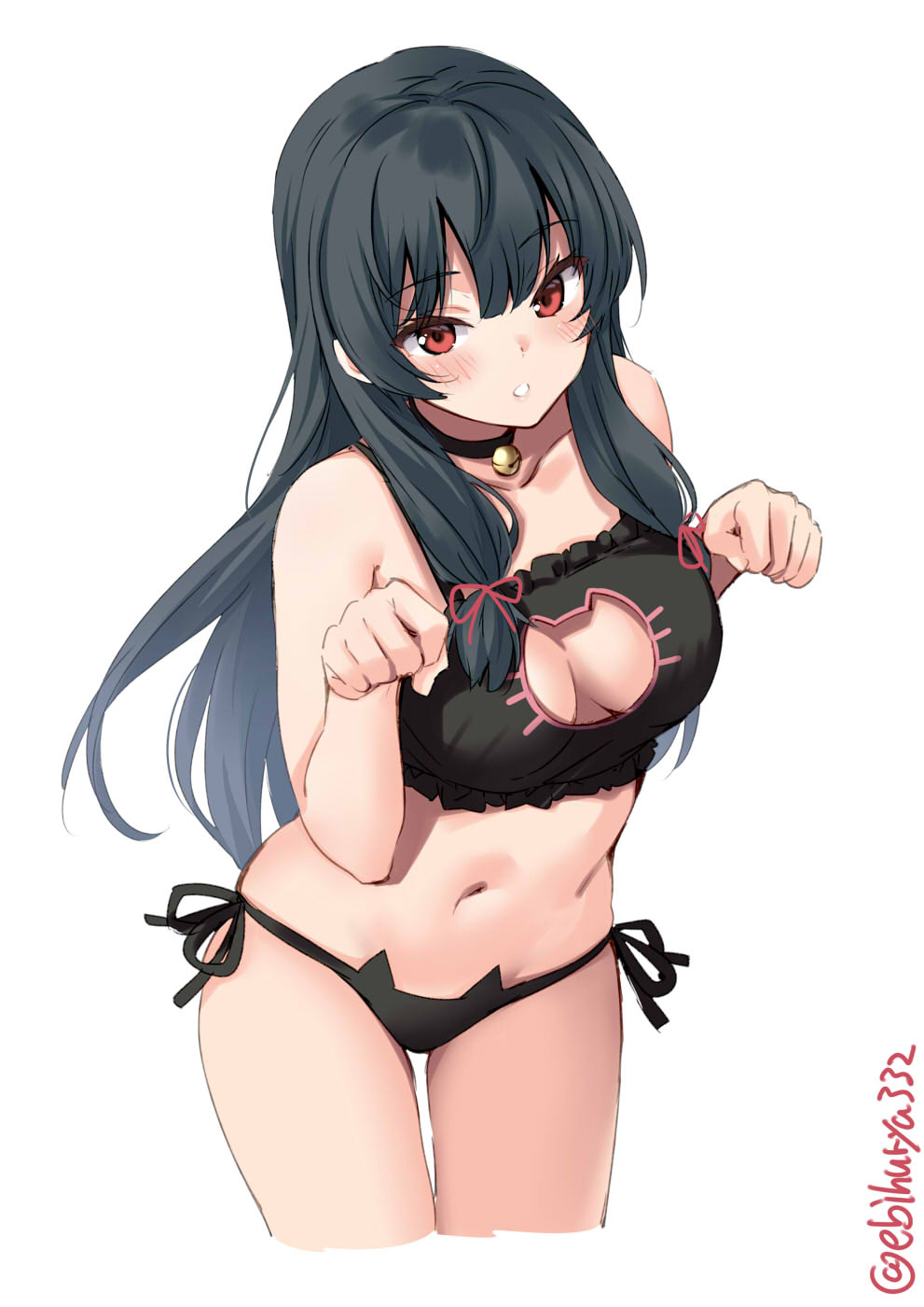 1girl, bangs, bell, black_bra, black_choker, black_hair, black_panties, blush
