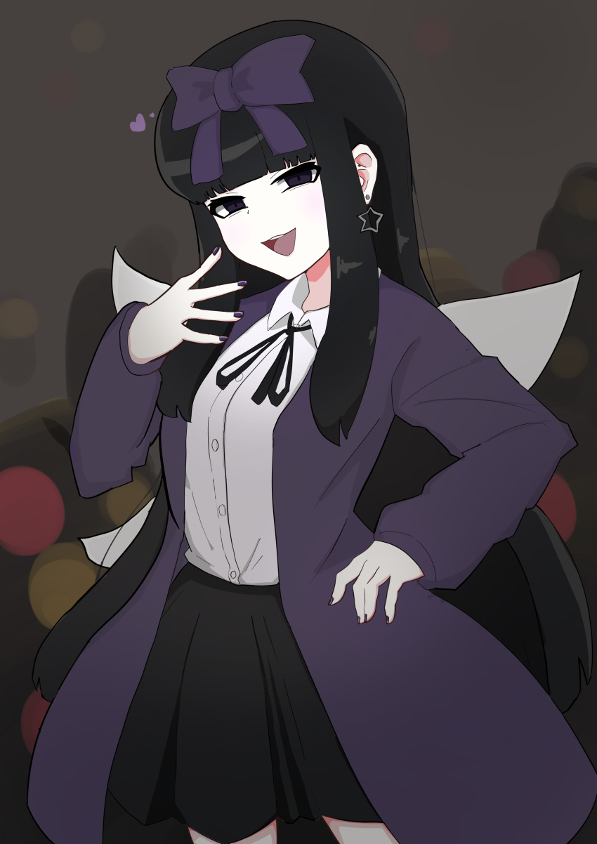 1girl, absurdres, bangs, black_hair, black_neckwear, black_ribbon, black_skirt, blunt_bangs